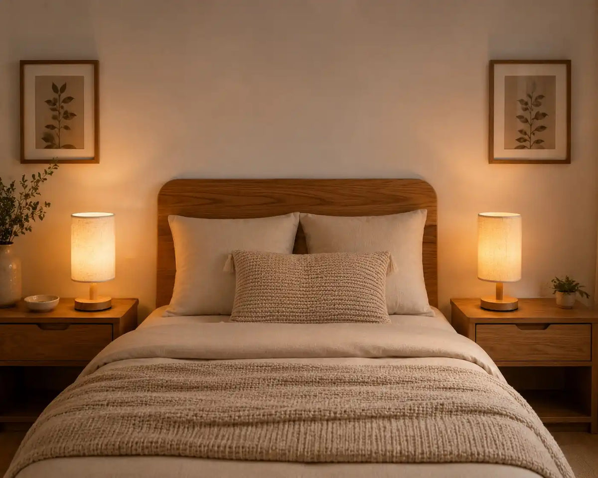 Lampe de chevet en bois avec abat-jour en lin – 3 couleurs de lumière