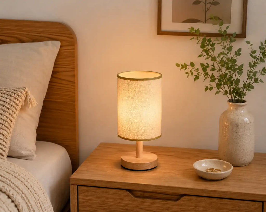 Lampe de chevet en bois avec abat-jour en lin – 3 couleurs de lumière