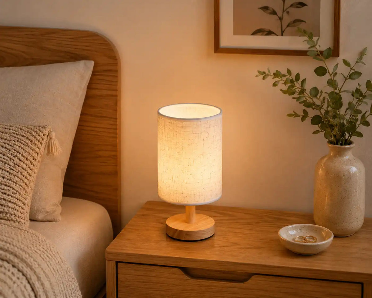 Lampe de chevet en bois avec abat-jour en lin – 3 couleurs de lumière