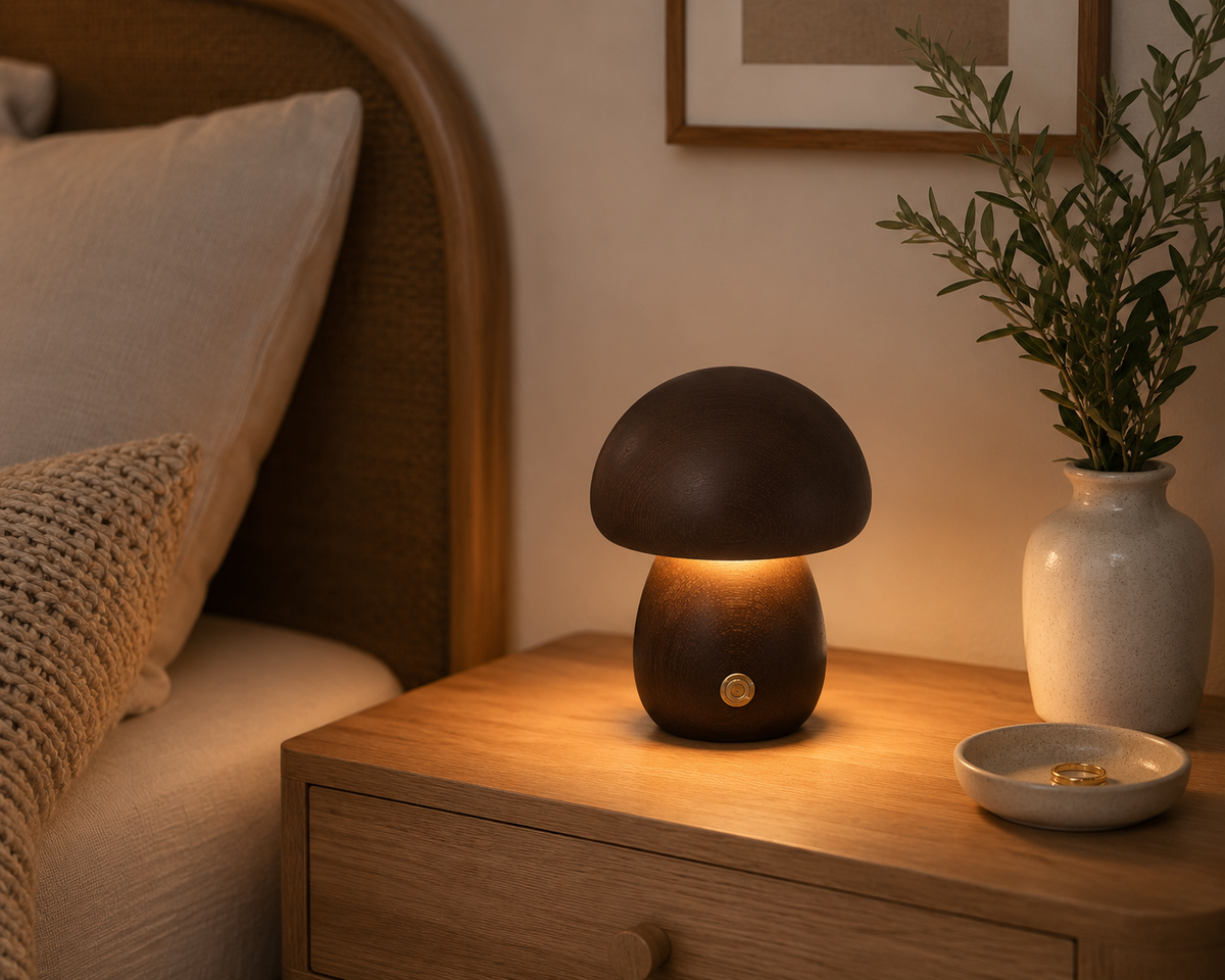 LED Mushroom Bedside Lamp – Touch-controlled, rechargeable, and cordless