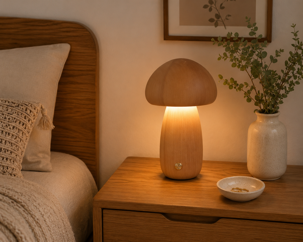 LED Mushroom Bedside Lamp – Touch-controlled, rechargeable, and cordless