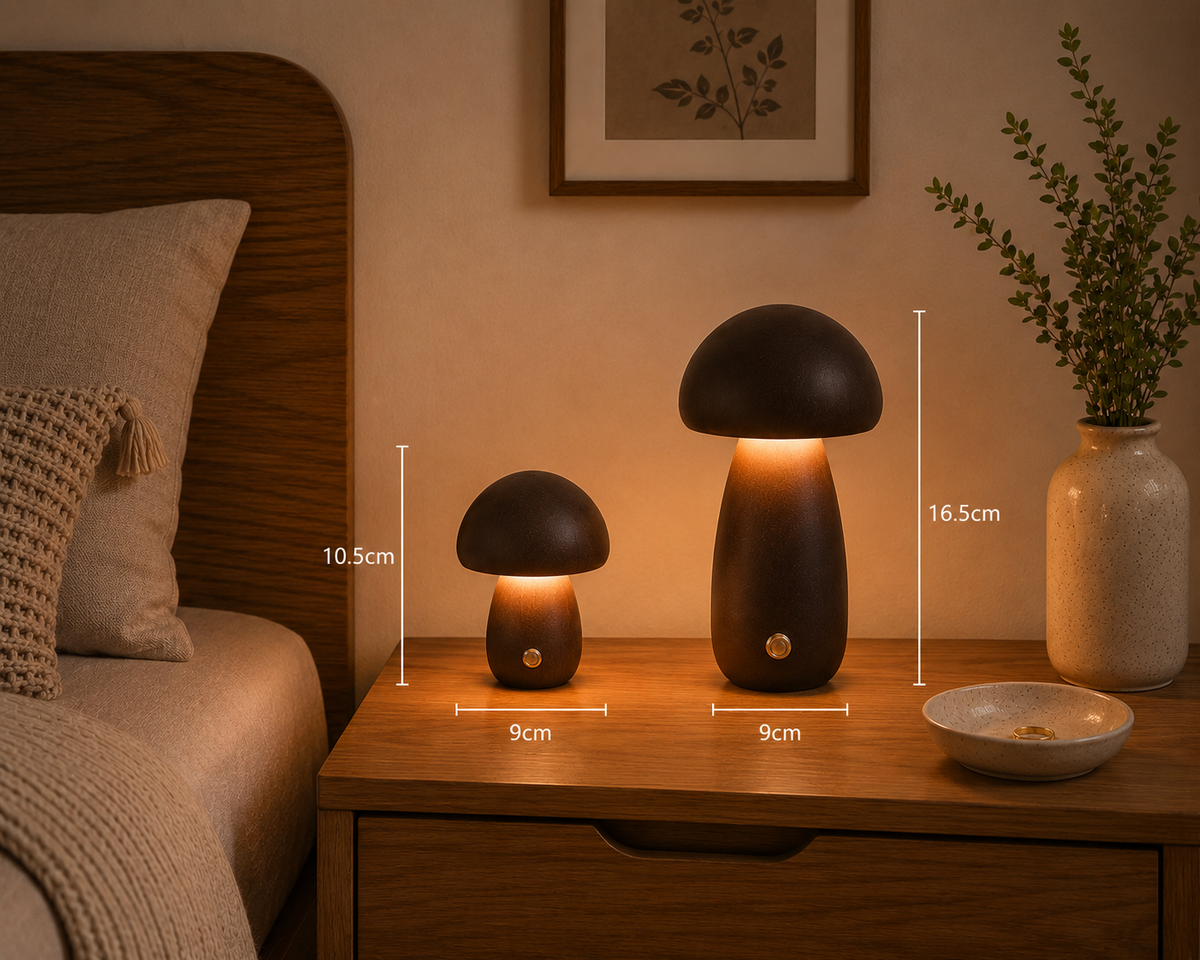 LED Mushroom Bedside Lamp – Touch-controlled, rechargeable, and cordless