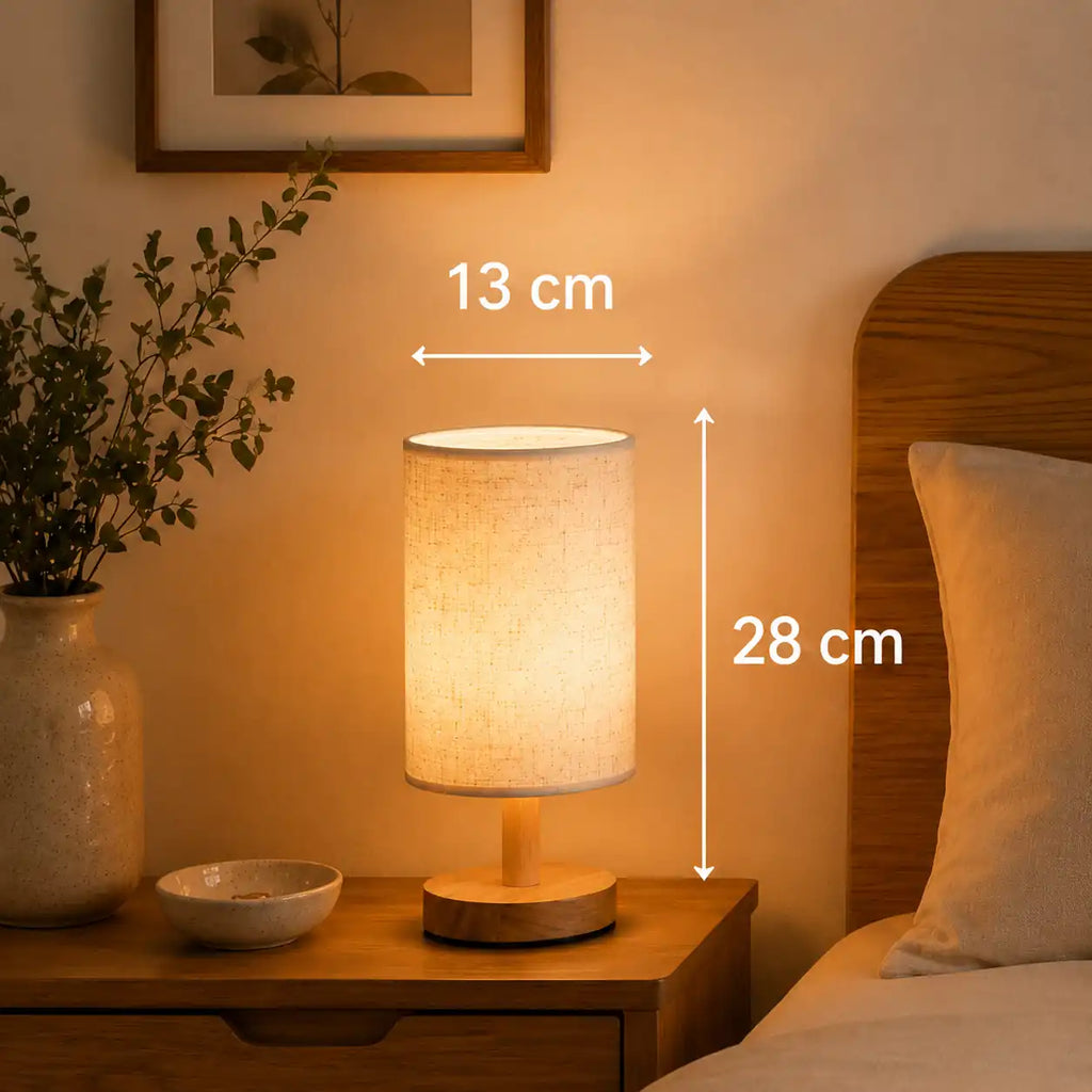Lampe de chevet en bois avec abat-jour en lin – 3 couleurs de lumière