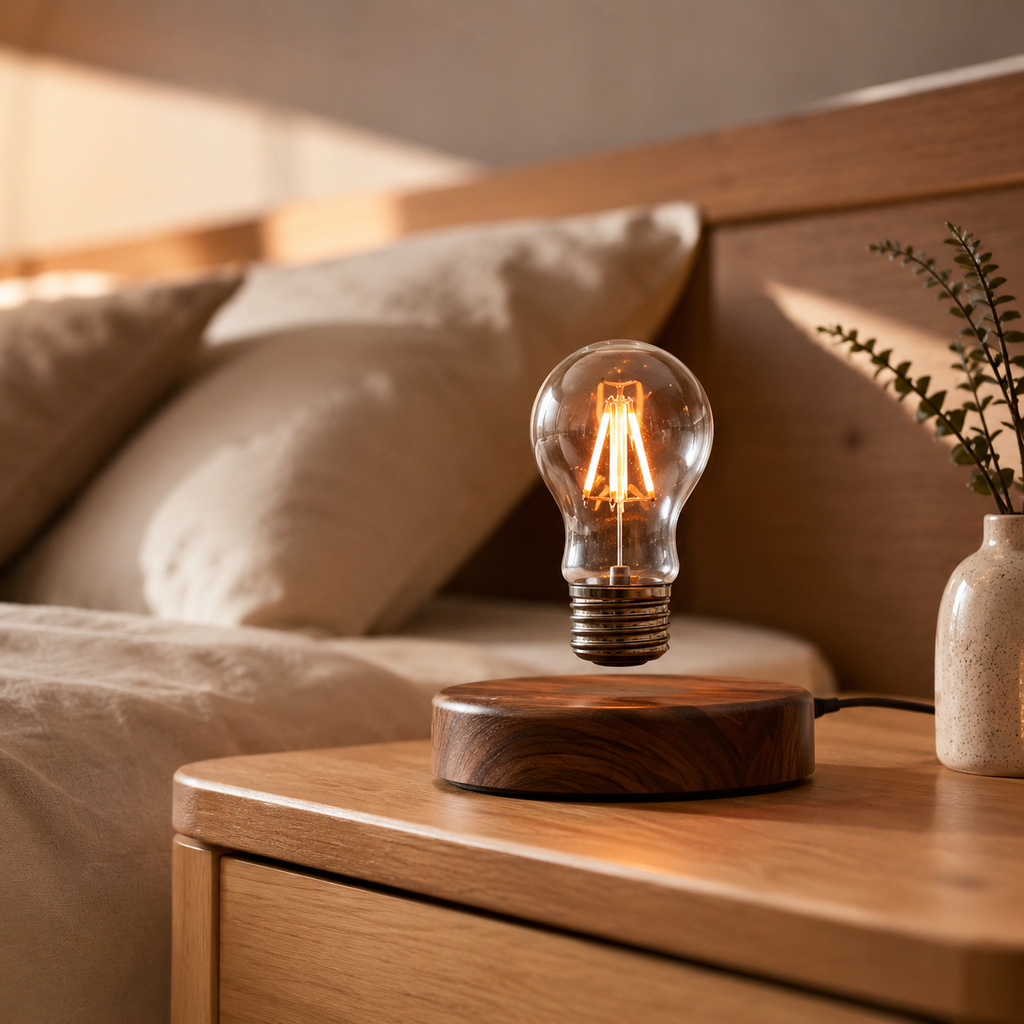 Lampe de chevet à lévitation magnétique – Ampoule LED flottante effet bois