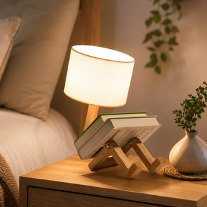 Lampe de chevet bonhomme articulé en bois – Abat-jour en tissu