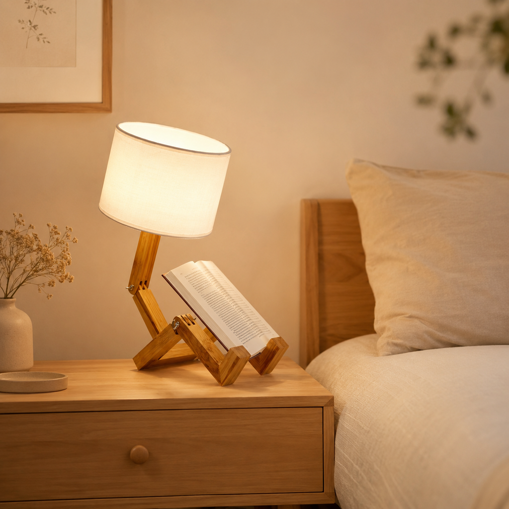 Lampe de chevet bonhomme articulé en bois – Abat-jour en tissu