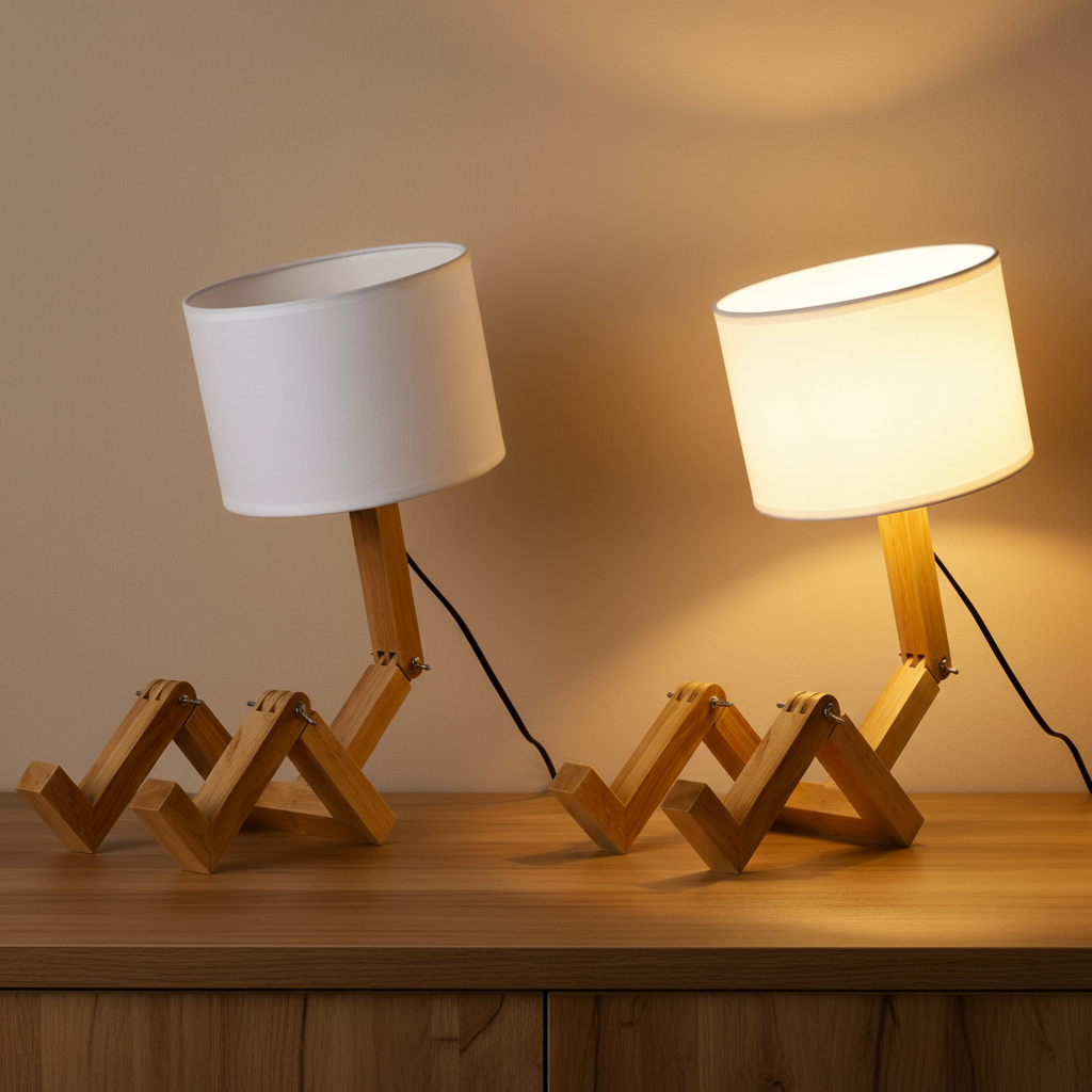 Lampe de chevet bonhomme articulé en bois – Abat-jour en tissu