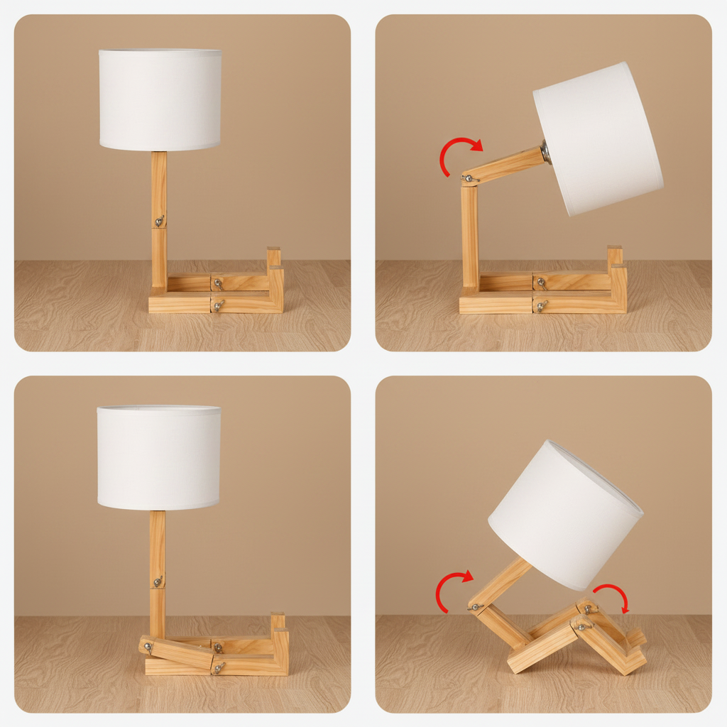 Lampe de chevet bonhomme articulé en bois – Abat-jour en tissu