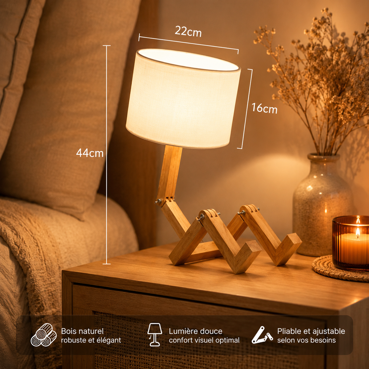 Lampe de chevet bonhomme articulé en bois – Abat-jour en tissu