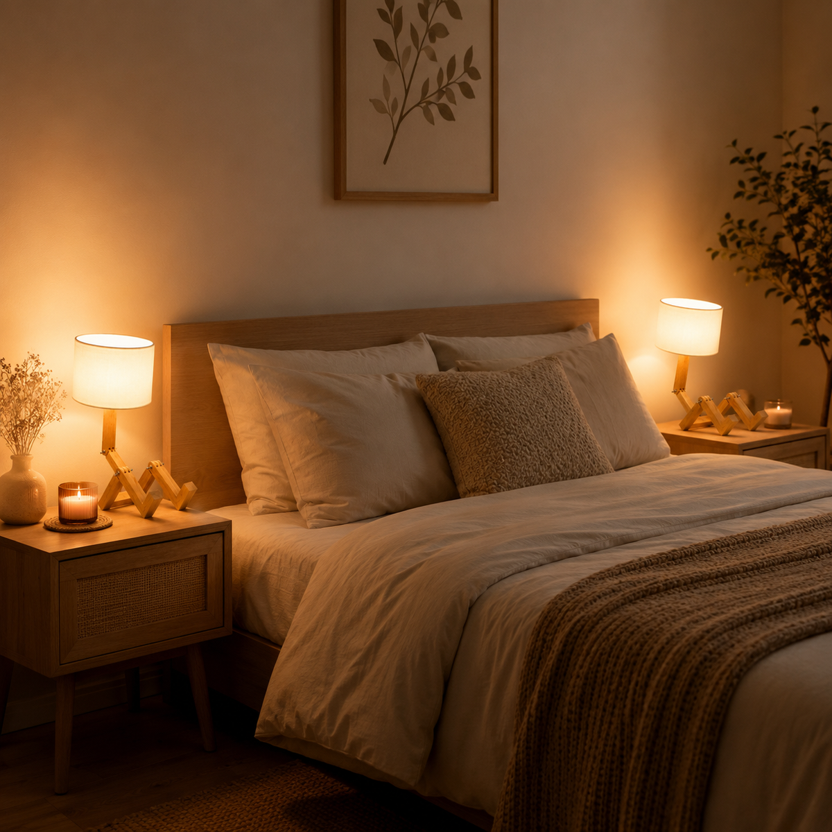 Lampe de chevet bonhomme articulé en bois – Abat-jour en tissu