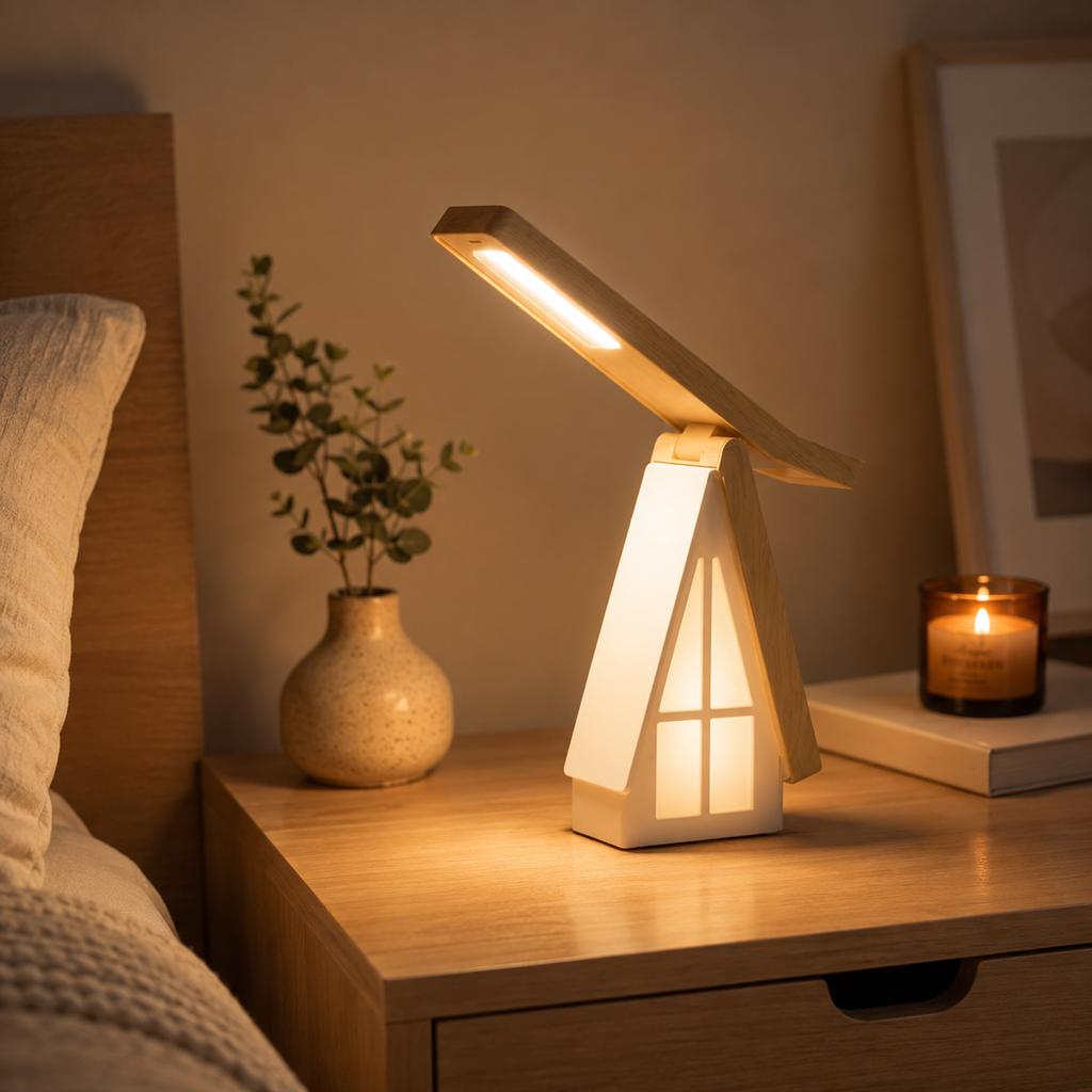 Wooden LED Bedside Lamp – Rechargeable and Touch-activated