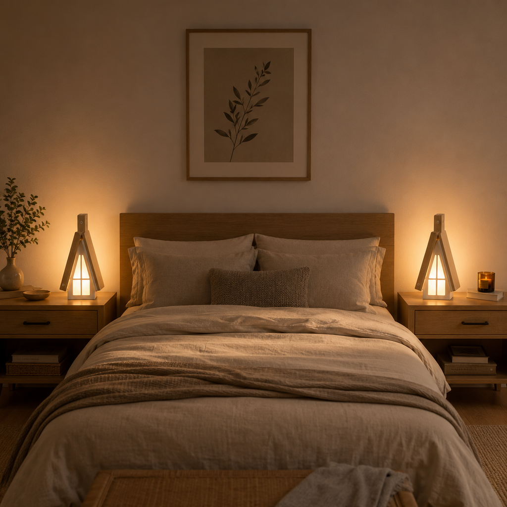 Wooden LED Bedside Lamp – Rechargeable and Touch-activated