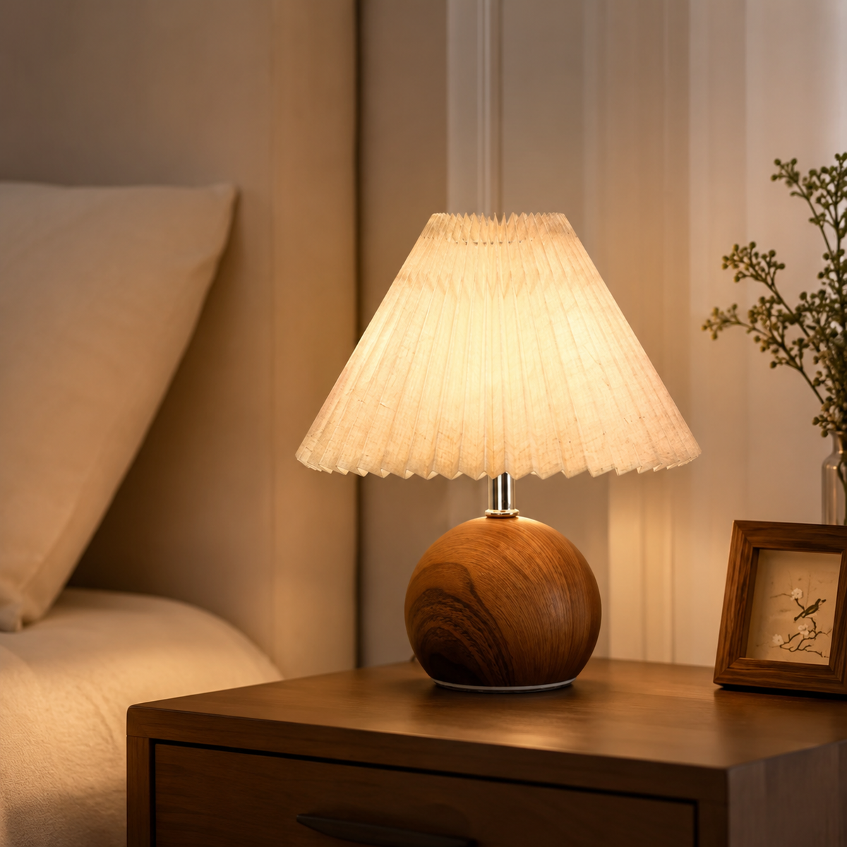 Lampe de chevet boule en bois – Abat-jour plissé et lumière douce