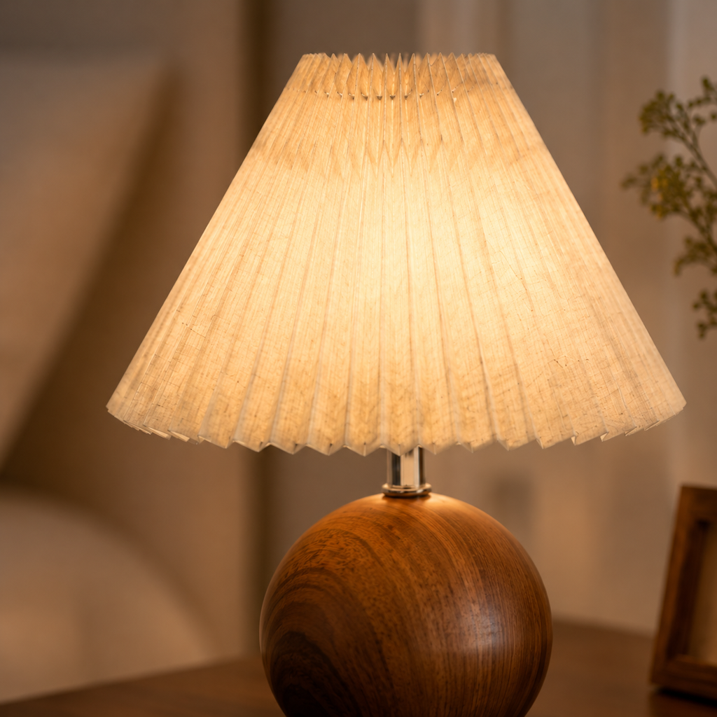 Wooden sphere bedside lamp – Pleated lampshade and soft light