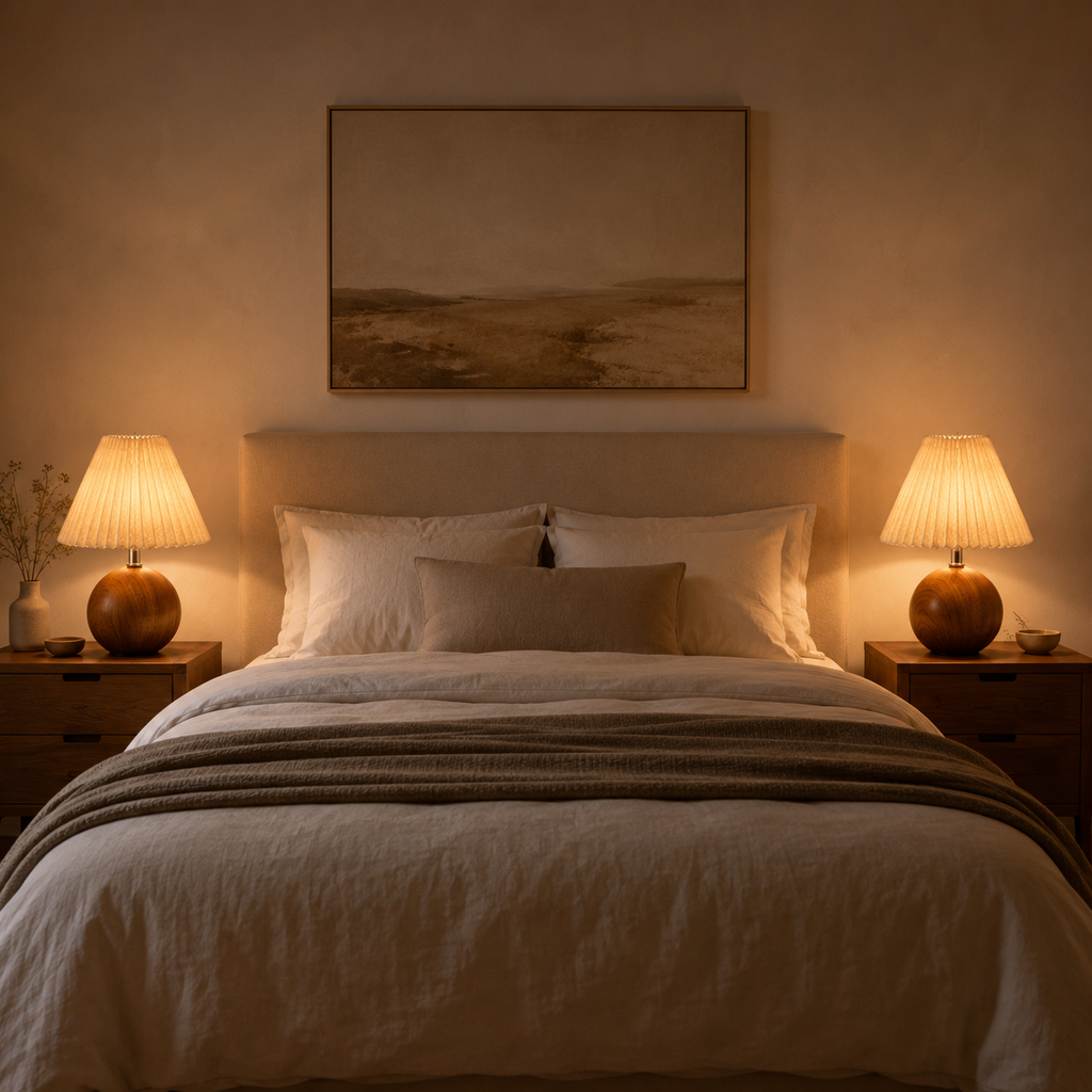 Wooden sphere bedside lamp – Pleated lampshade and soft light
