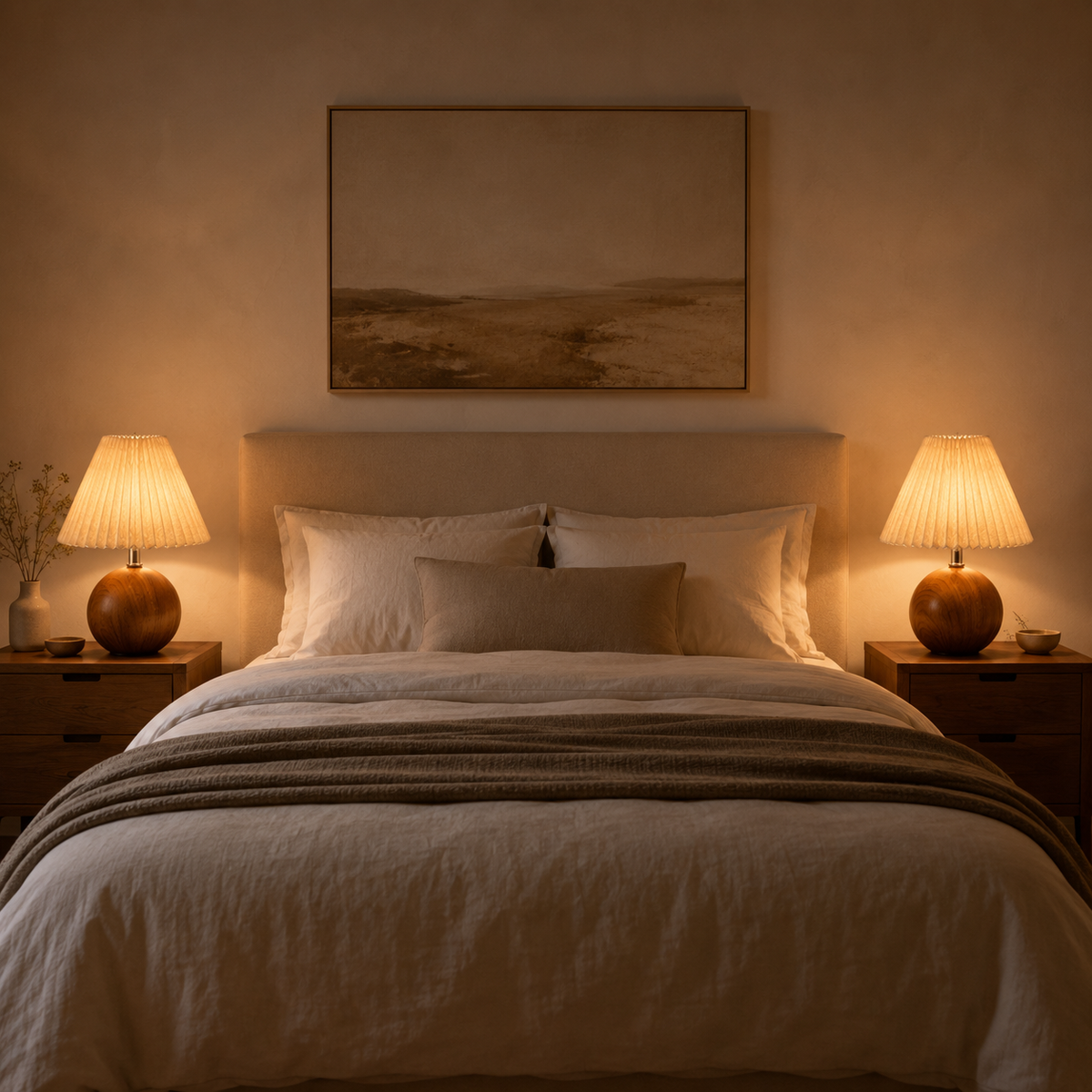 Wooden sphere bedside lamp – Pleated lampshade and soft light
