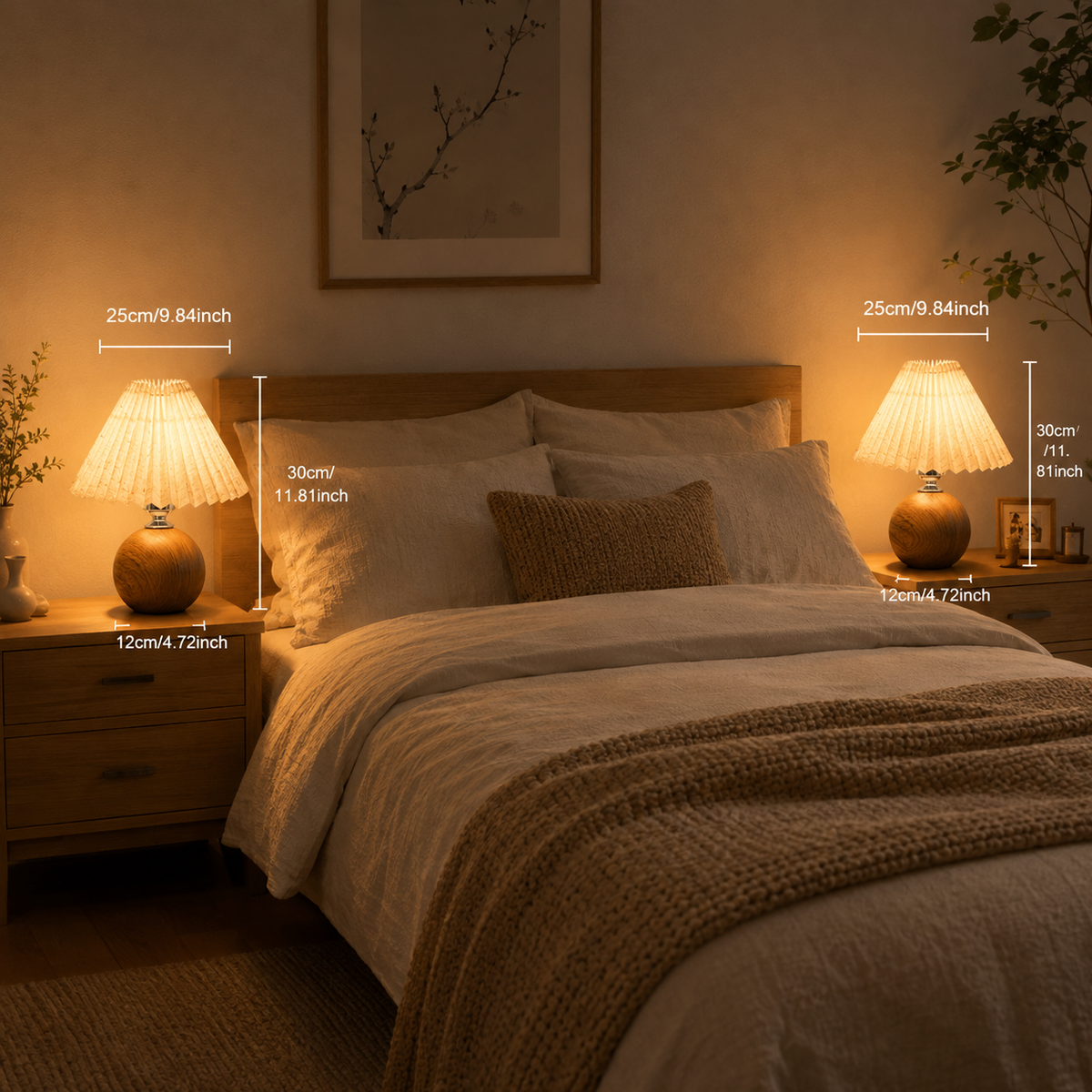 Wooden sphere bedside lamp – Pleated lampshade and soft light