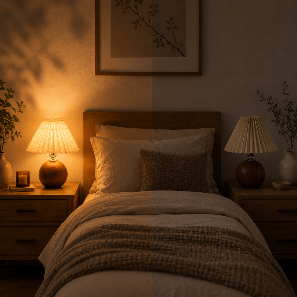 Wooden sphere bedside lamp – Pleated lampshade and soft light