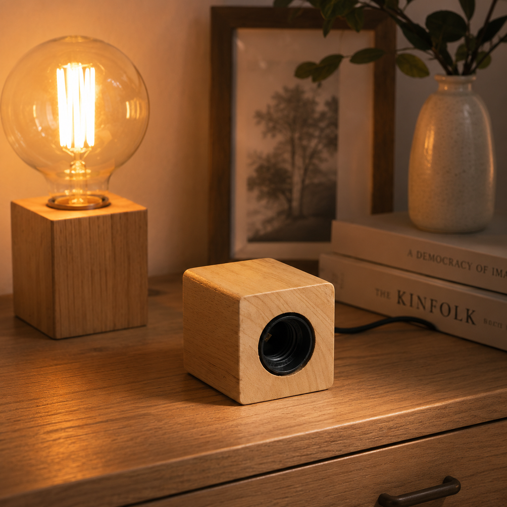 Lampe de chevet en bois douille E27 – Style vintage personnalisable