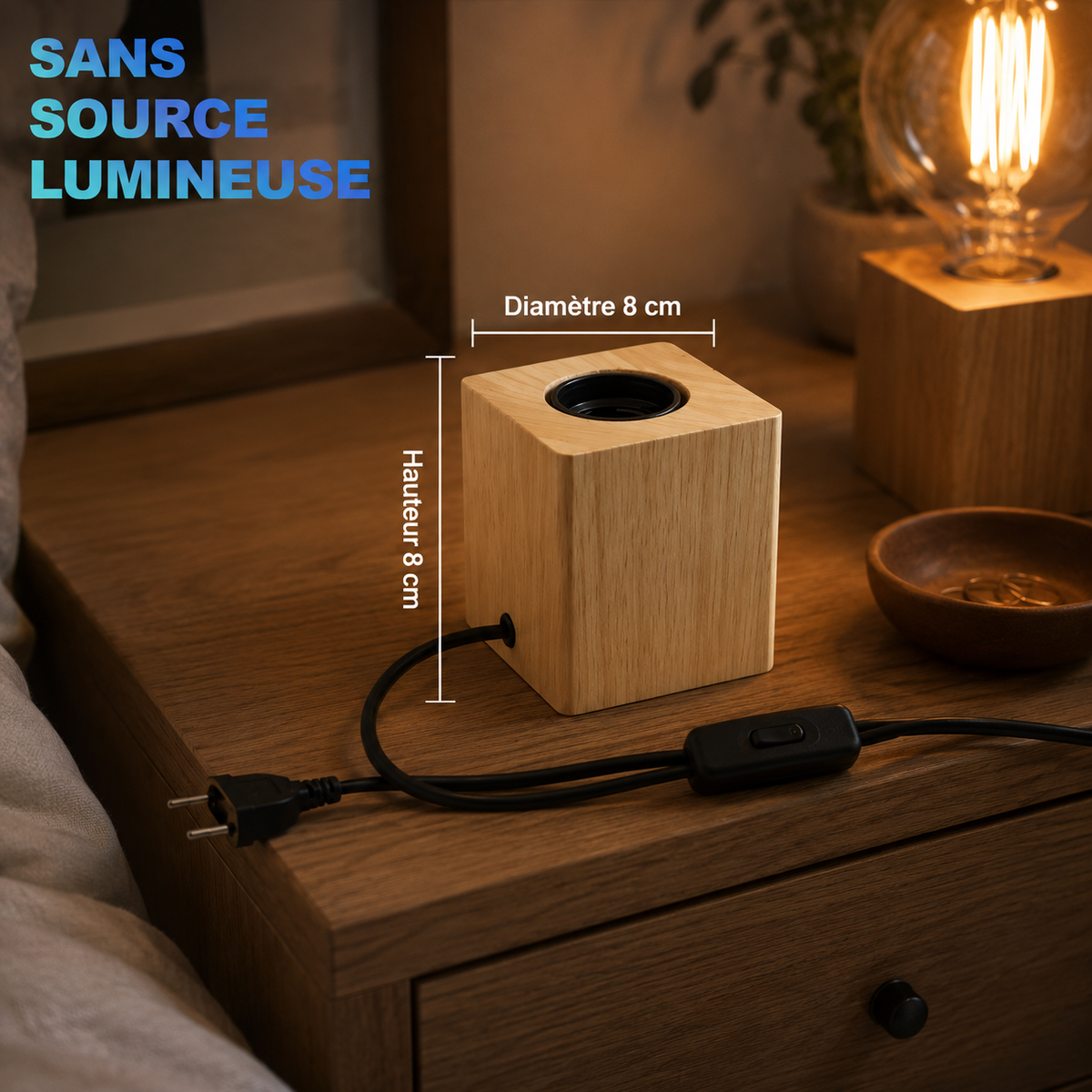 Lampe de chevet en bois douille E27 – Style vintage personnalisable