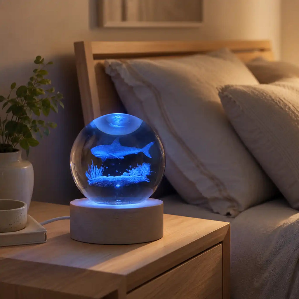 Lampe boule de cristal requin 3D – Veilleuse LED océanique