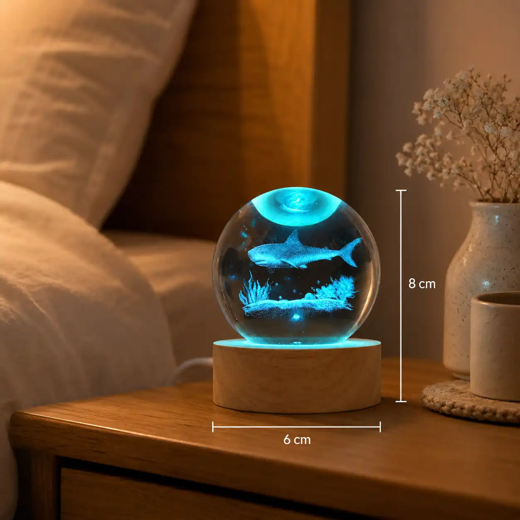Lampe boule de cristal requin 3D – Veilleuse LED océanique