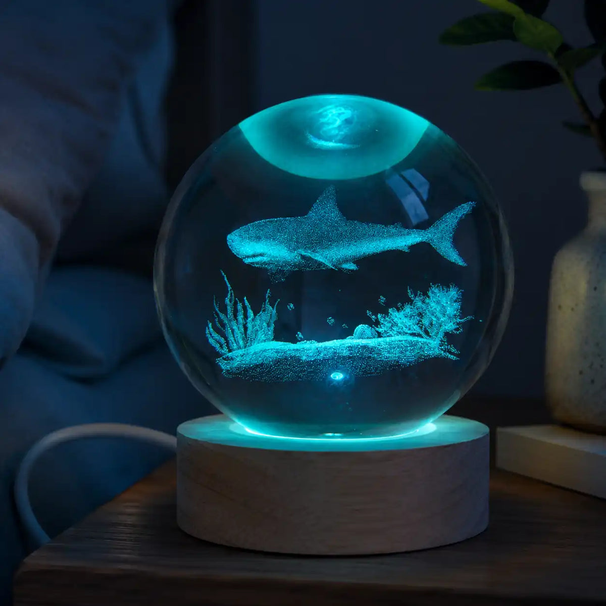 Lampe boule de cristal requin 3D – Veilleuse LED océanique
