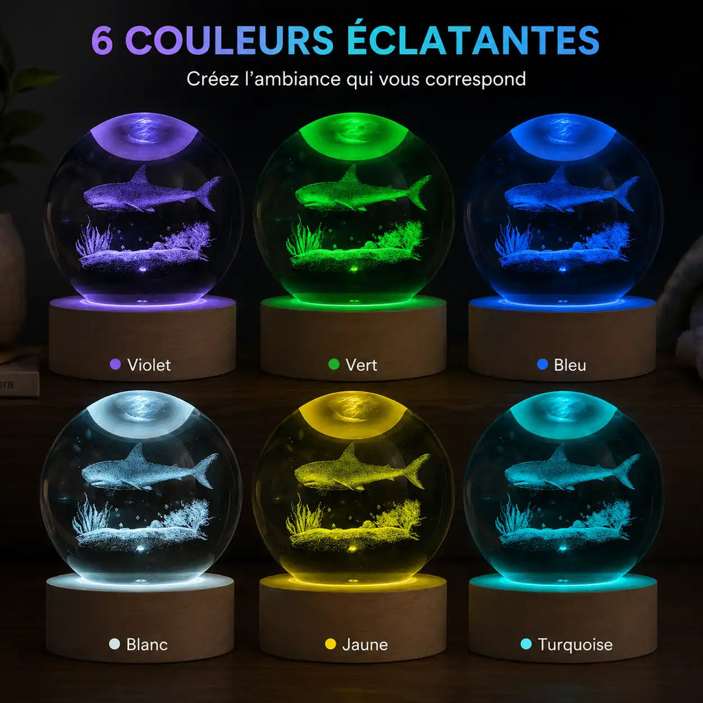 Lampe boule de cristal requin 3D – Veilleuse LED océanique