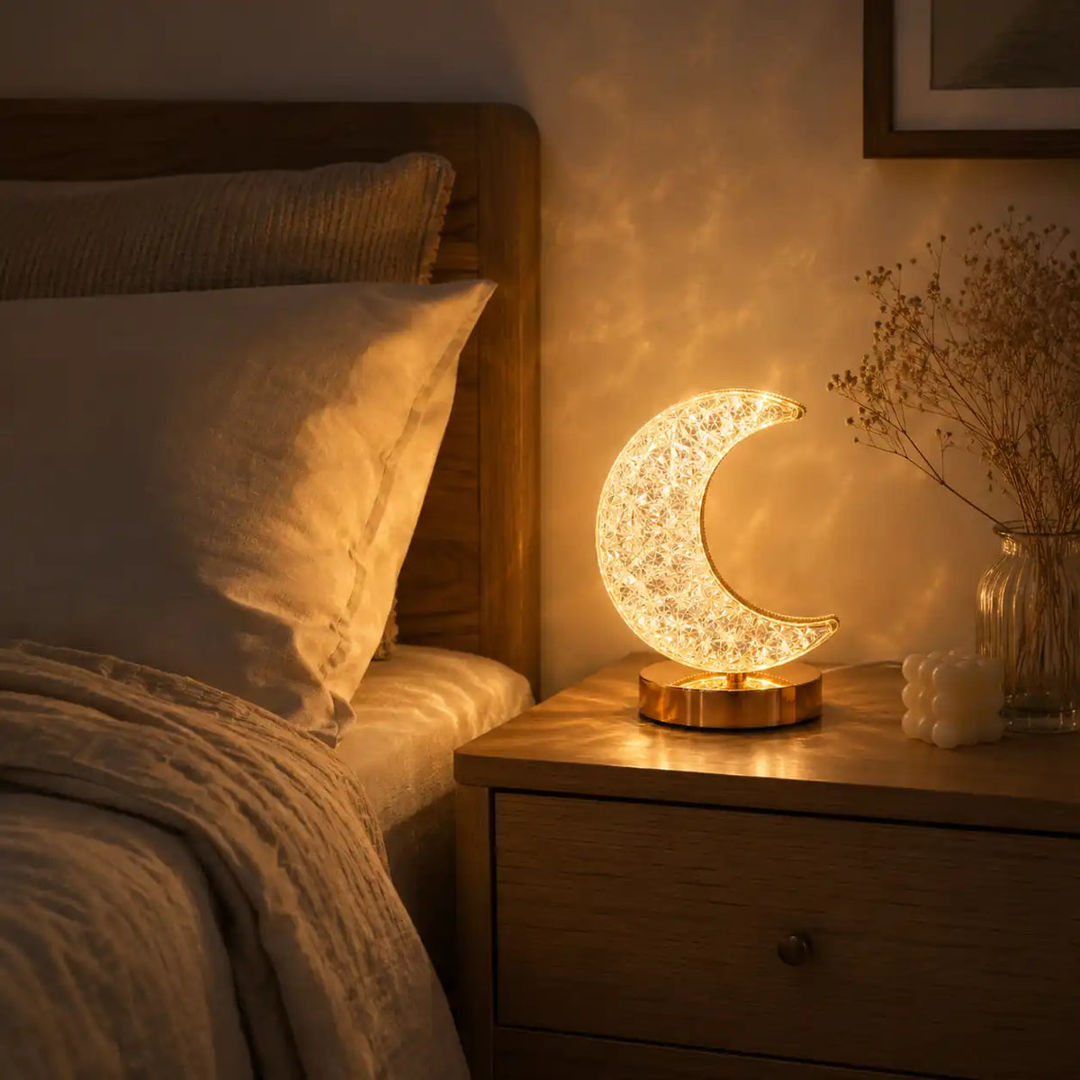 Lampe de chevet lune en cristal – LED tactile à intensité réglable