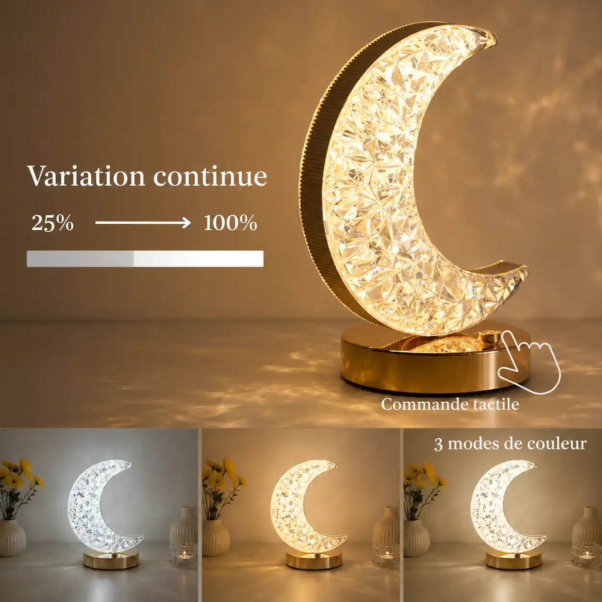 Lampe de chevet lune en cristal – LED tactile à intensité réglable