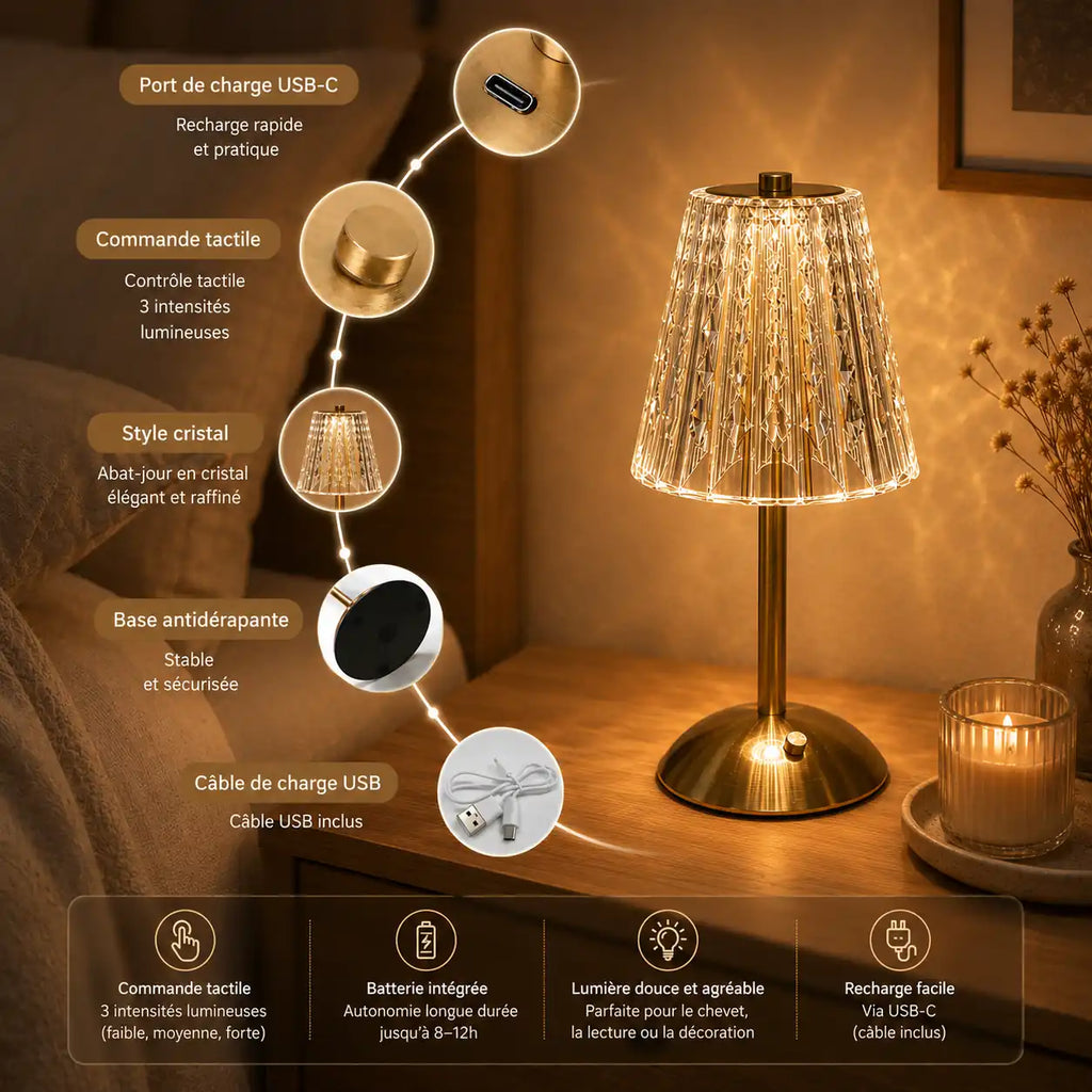 Lampe de chevet LED étoilée tactile – 3 couleurs et intensité réglable