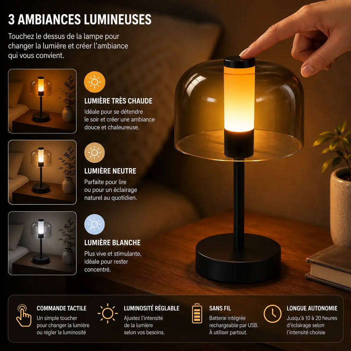 Lampe de chevet LED tactile sans fil – 3 couleurs et intensité réglable