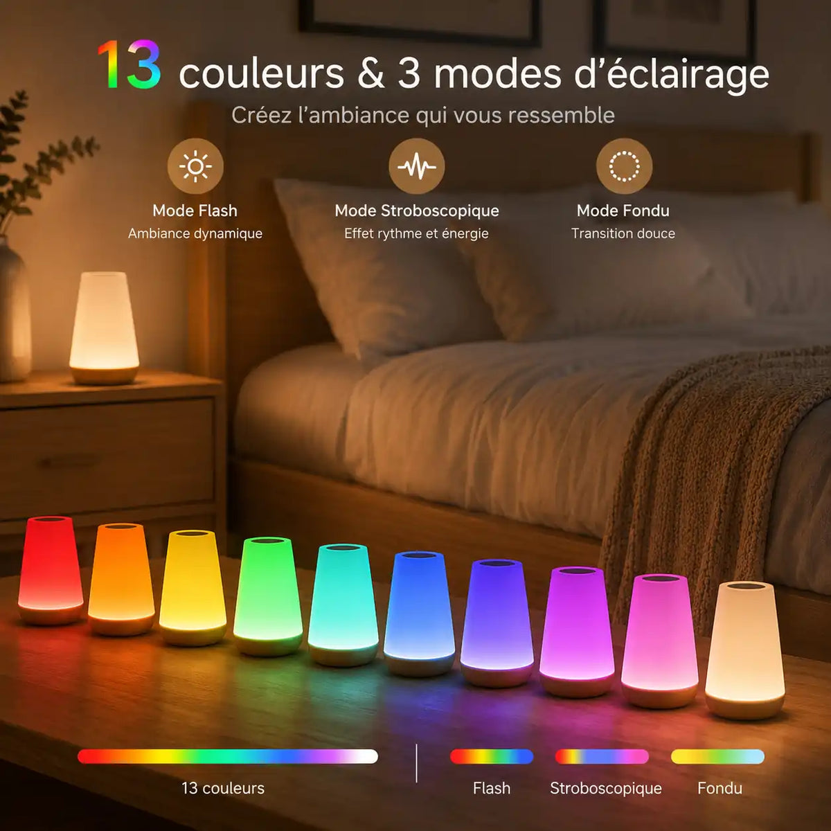 Lampe de chevet LED tactile multicolore – 13 couleurs et télécommande