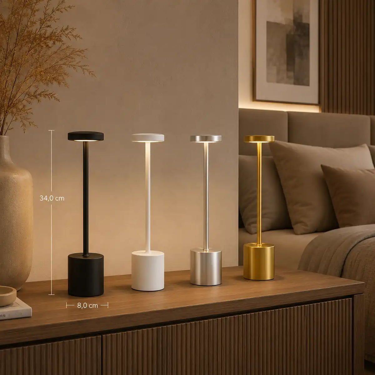 Cordless LED Bedside Lamp – Touch-Activated, Rechargeable, 3 Colors