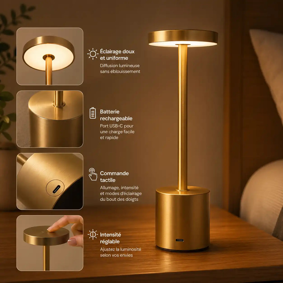 Cordless LED Bedside Lamp – Touch-Activated, Rechargeable, 3 Colors