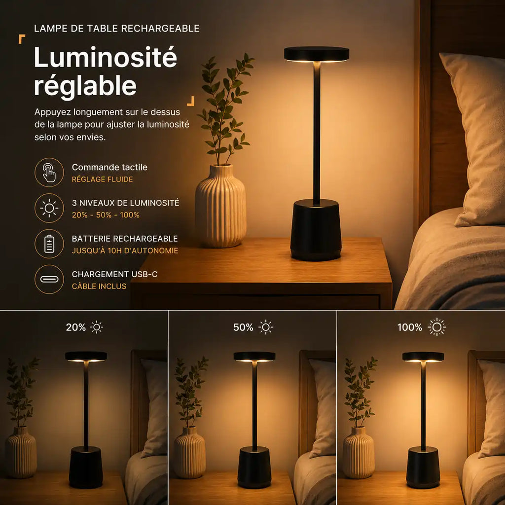 Cordless LED Bedside Lamp – Touch-Activated, Rechargeable, 3 Colors