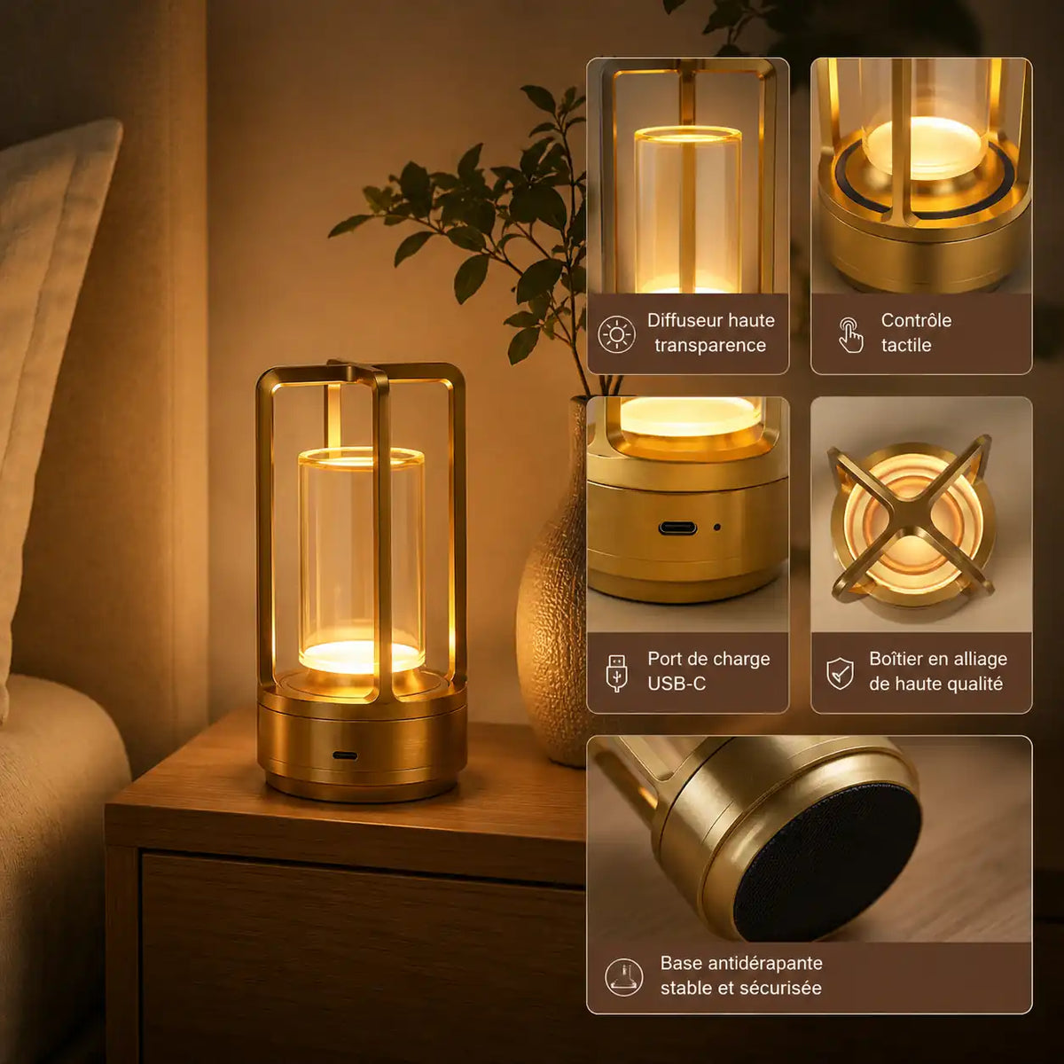 Lampe de chevet LED sans fil – Tactile, rechargeable et design moderne