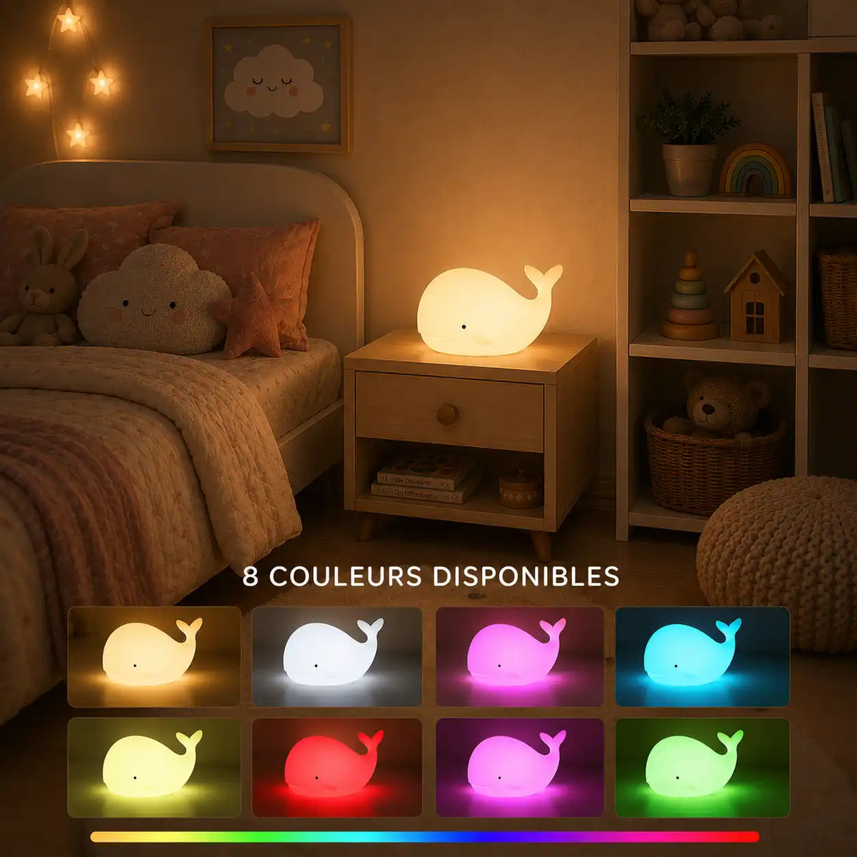 Veilleuse baleine en silicone – Lampe tactile rechargeable et multicolore