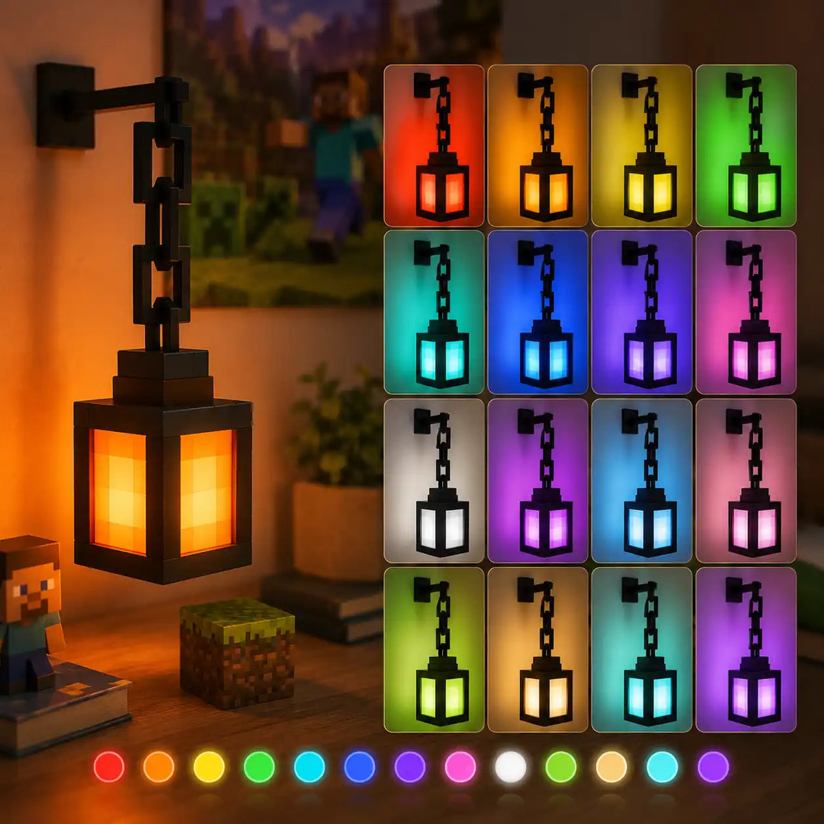 Lampe lanterne Minecraft LED – Veilleuse multicolore avec télécommande