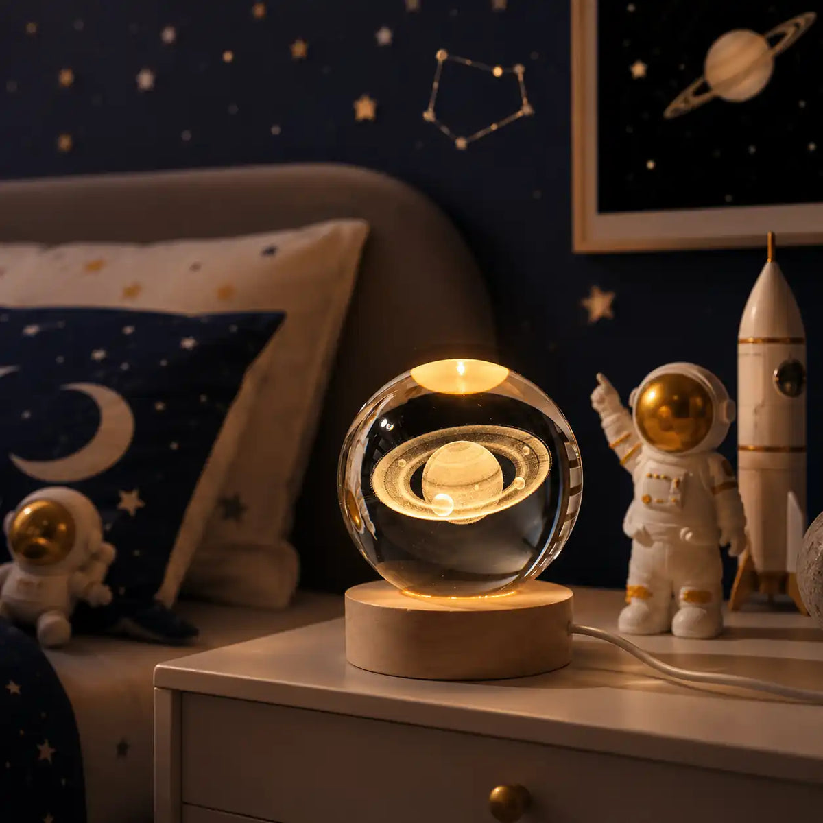 Lampe de chevet boule de cristal 3D – Lune lumineuse sur socle en bois