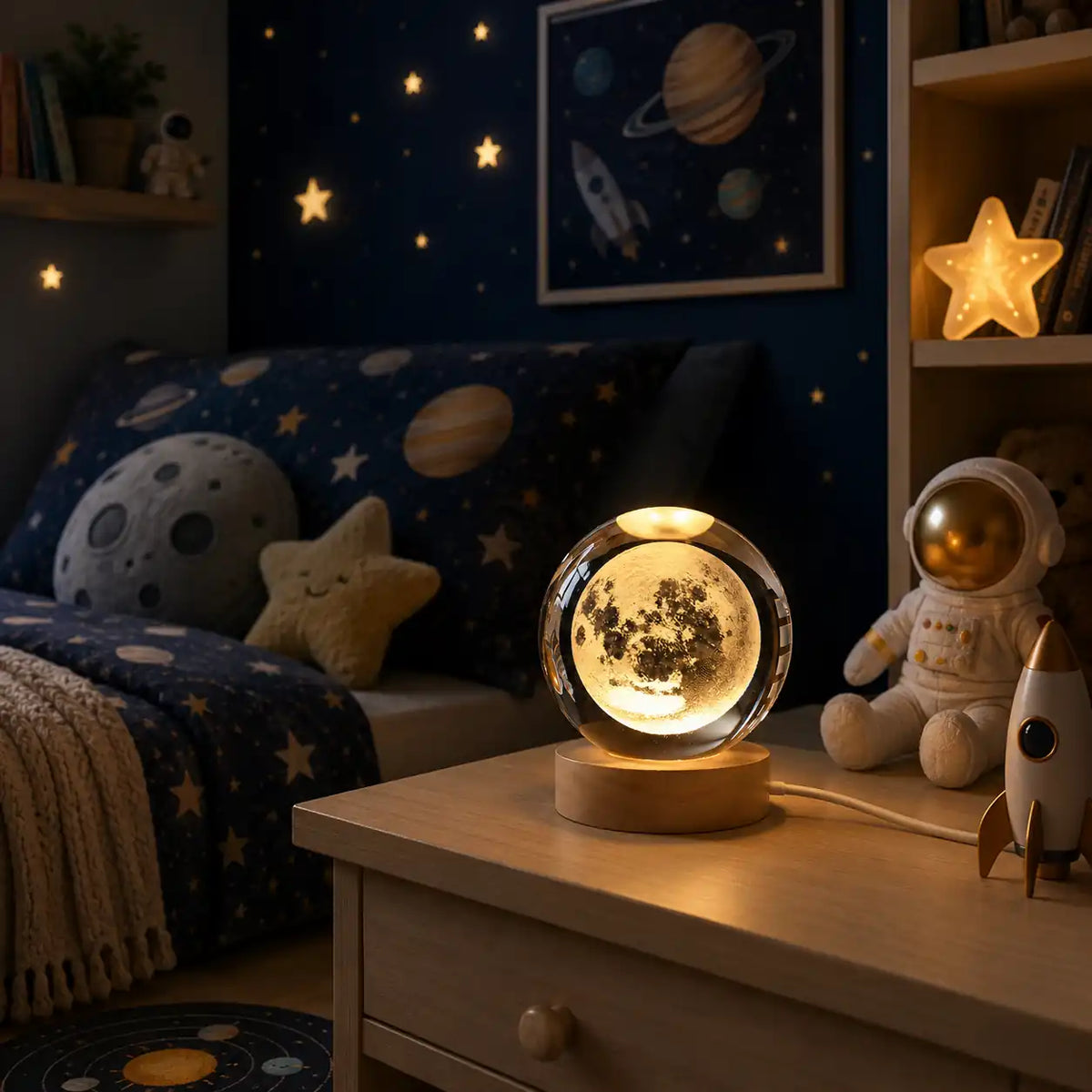 Lampe de chevet boule de cristal 3D – Lune lumineuse sur socle en bois