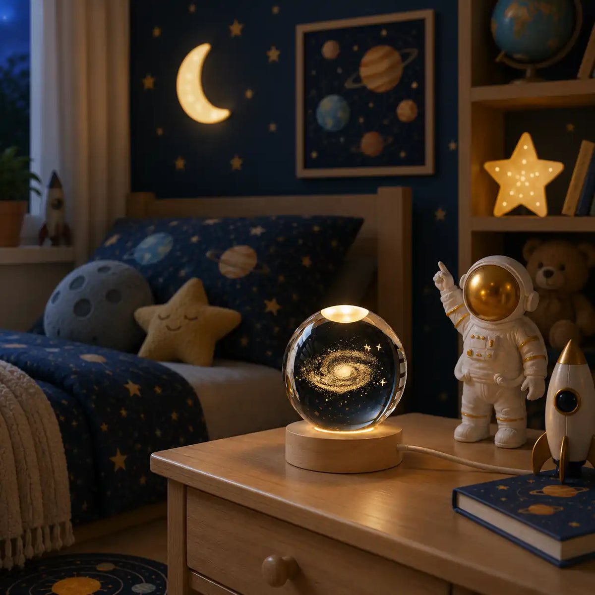 Lampe de chevet boule de cristal 3D – Lune lumineuse sur socle en bois