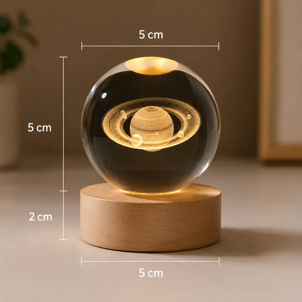 Lampe de chevet boule de cristal 3D – Lune lumineuse sur socle en bois