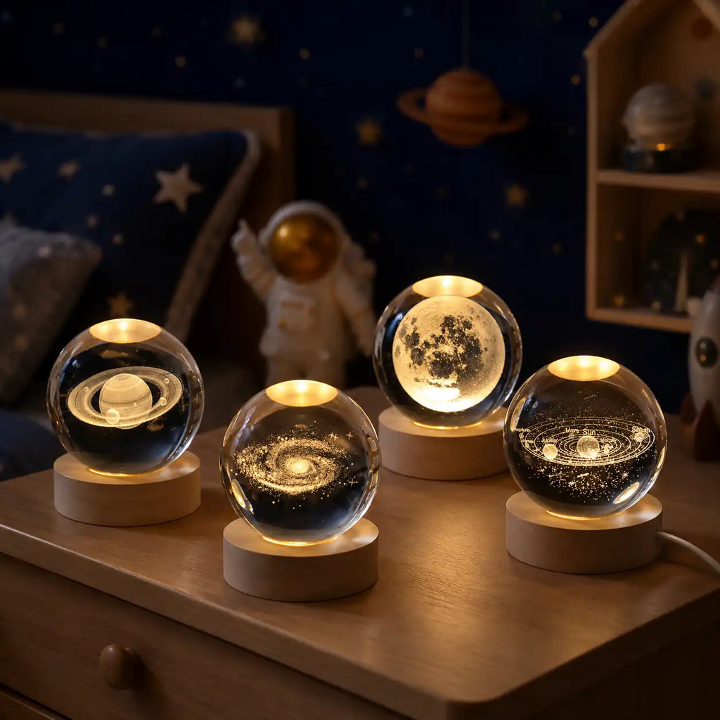 Lampe de chevet boule de cristal 3D – Lune lumineuse sur socle en bois