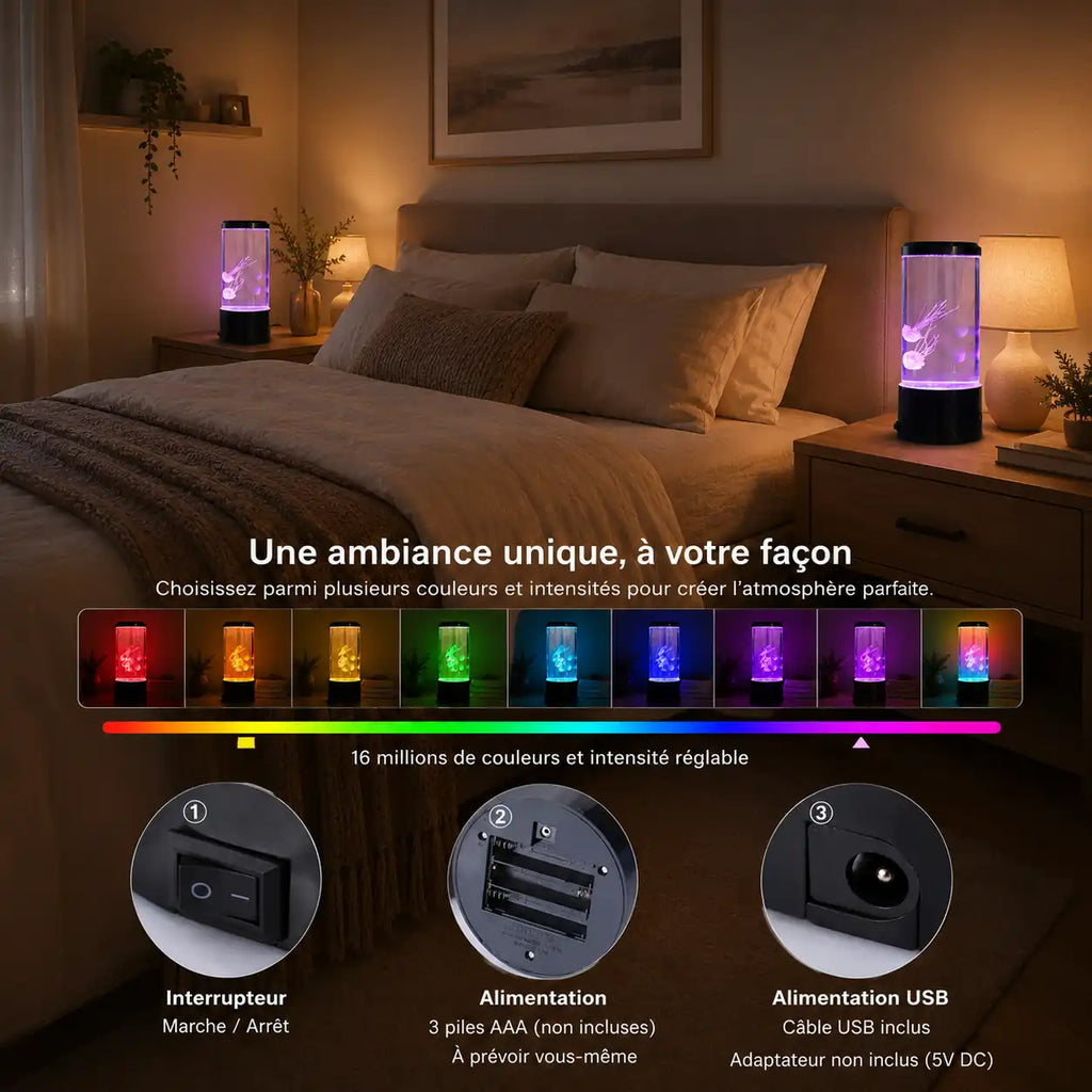 Lampe méduse LED avec aquarium décoratif – Veilleuse lumineuse multicolore