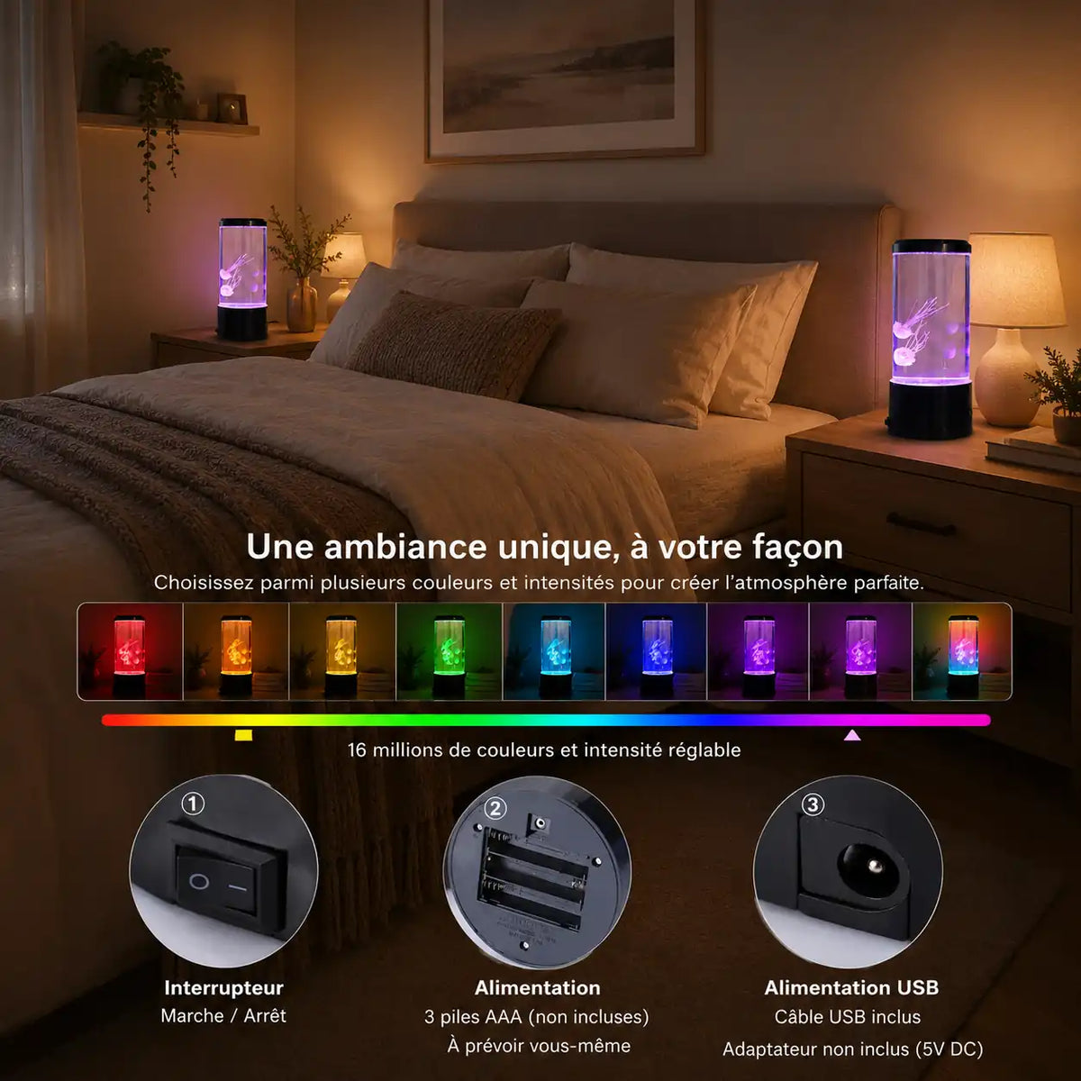 Lampe méduse LED avec aquarium décoratif – Veilleuse lumineuse multicolore