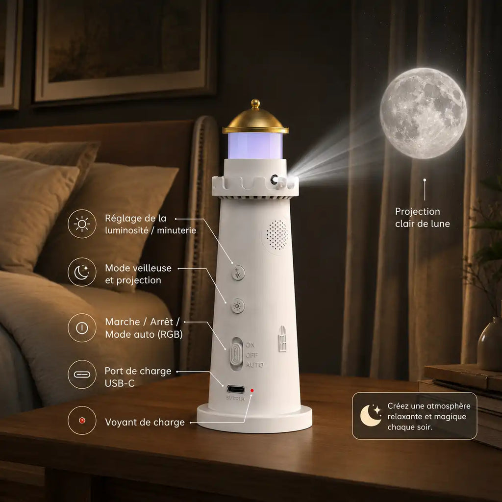 Lighthouse Bedside Lamp with Moon Projector – 3 Modes LED Night Light