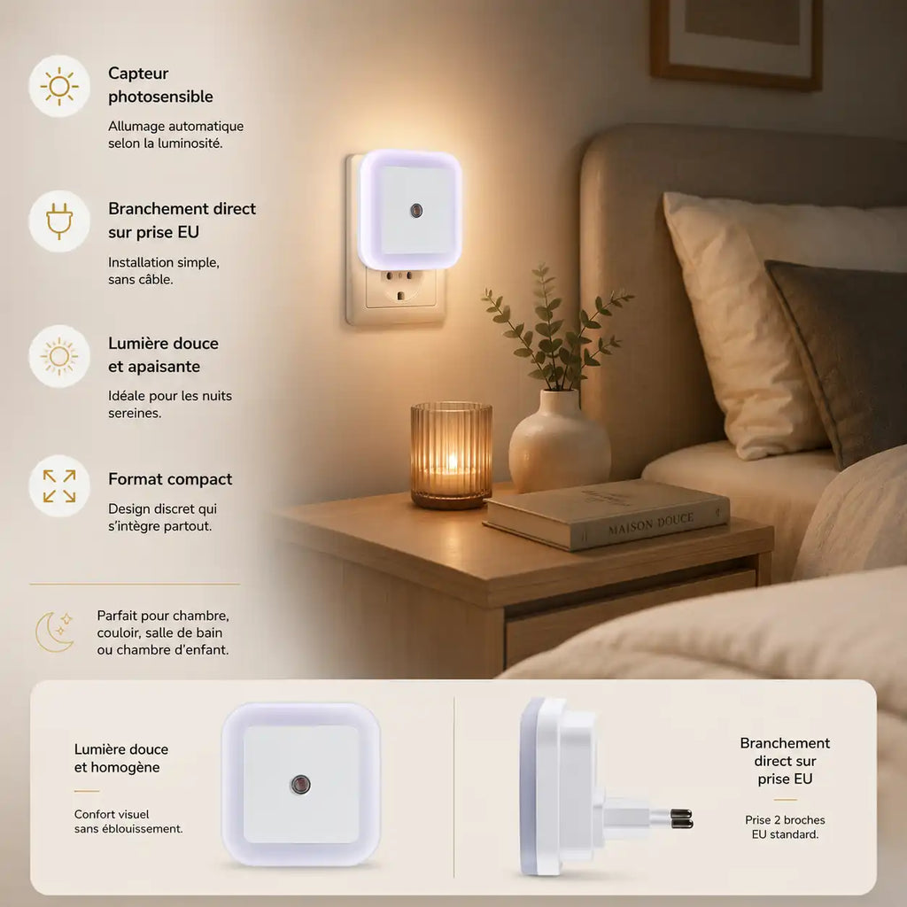 Veilleuse LED carrée rechargeable – Tactile sur prise secteur mural