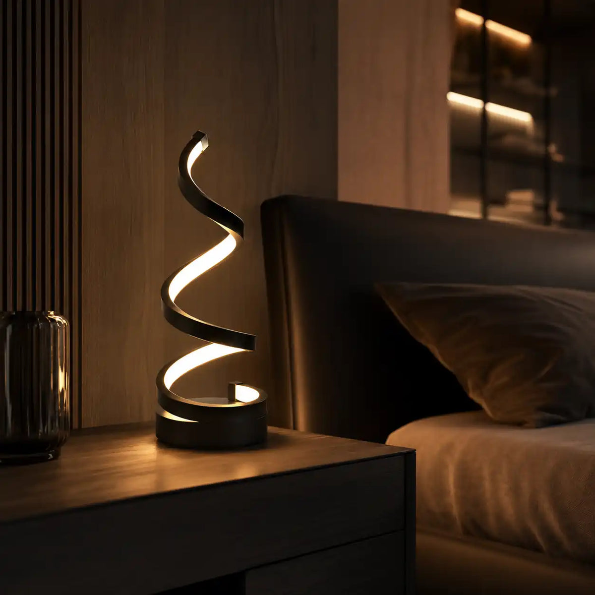 Lampe de chevet LED spirale tactile – 3 couleurs et luminosité réglable