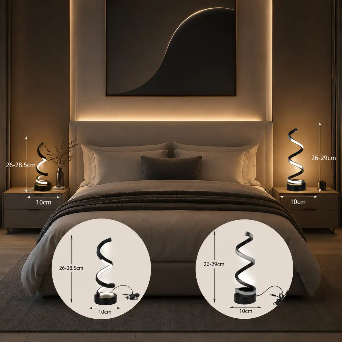 Lampe de chevet LED spirale tactile – 3 couleurs et luminosité réglable